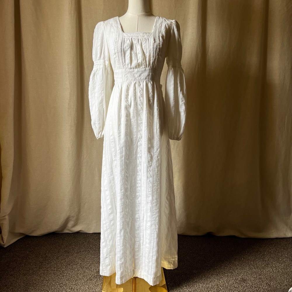 Vintage White Prairie Maxi Dress Talon Zip Cottagecore Empire Waist S